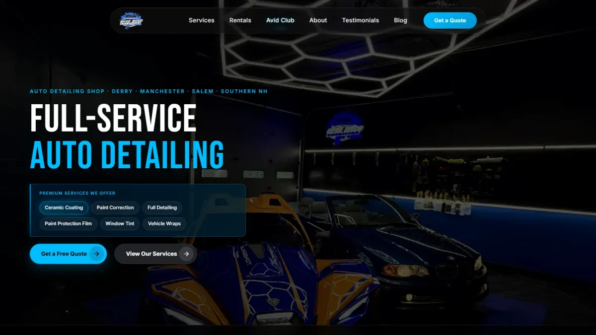Avid Auto Spa homepage hero — a dark full-service auto detailing landing page with service chips and quote buttons