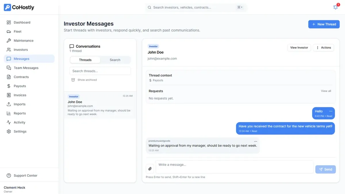 CoHostly client portal messages screen showing an investor conversation thread