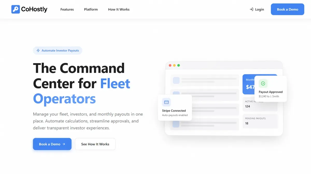CoHostly marketing homepage with "The Command Center for Fleet Operators" headline beside product interface cards