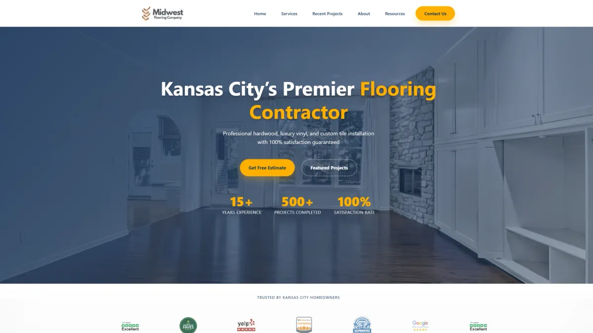 Midwest Flooring Company homepage hero with free-estimate buttons and project stats