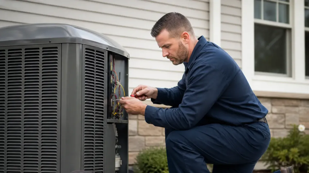HVAC service technician inspecting an outdoor AC condenser unit