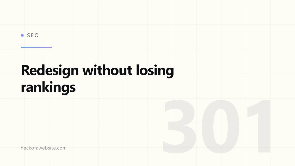 Brand-styled cover card reading "Redesign without losing rankings"
