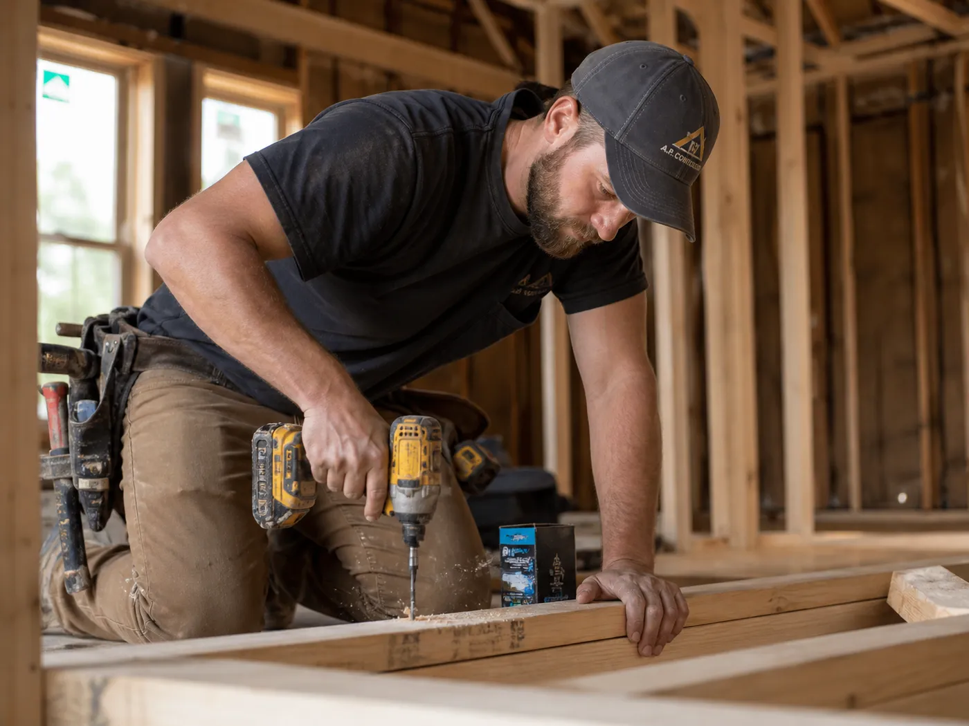 Contractor in work gloves using a cordless drill on a job site
