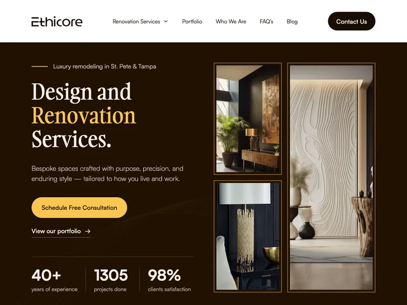 Ethicore luxury design and renovation website for St. Pete and Tampa