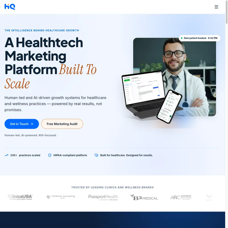 Healthy IQ healthtech marketing website with AI booking demo
