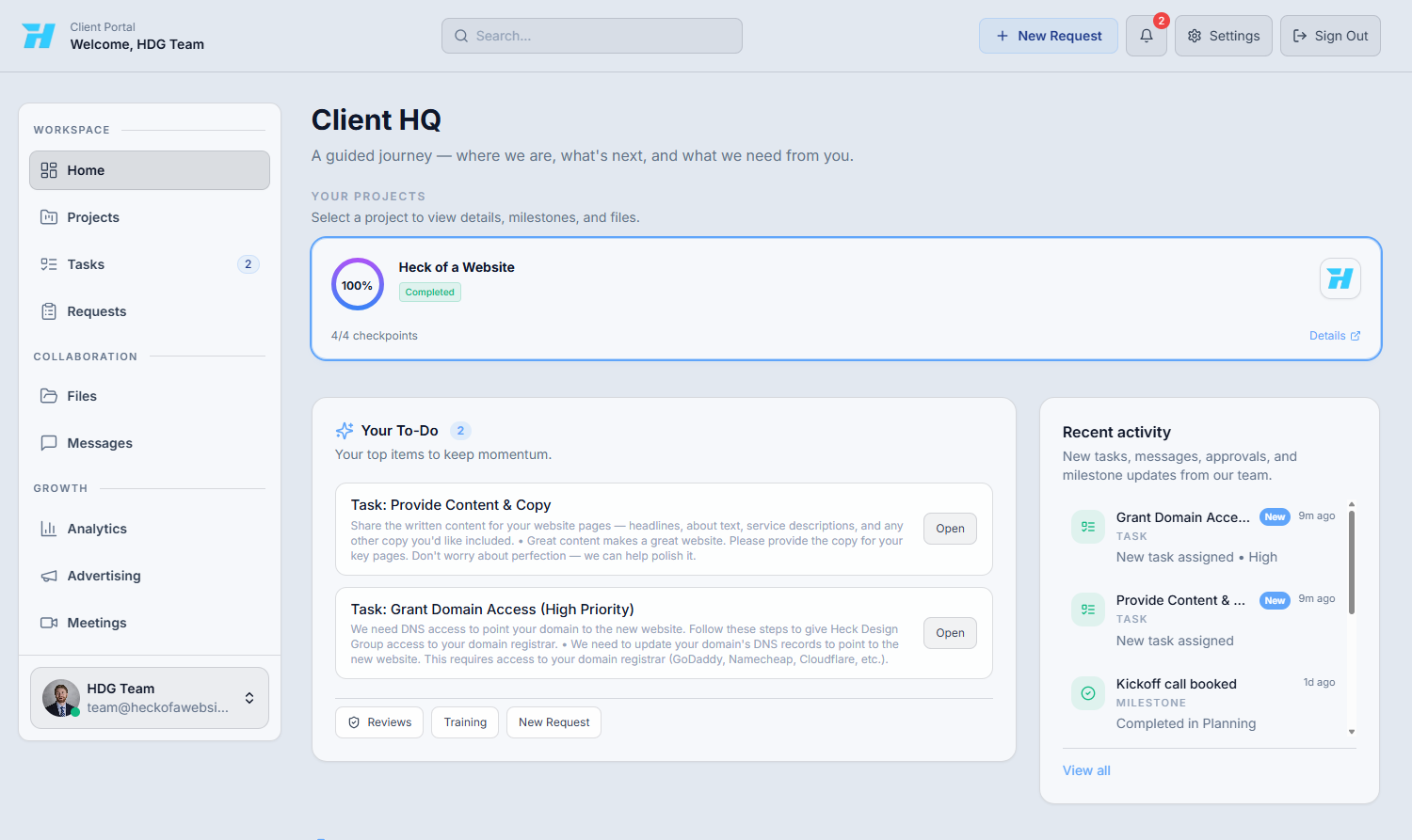 Client portal dashboard showing project status, to-do items, and recent activity.