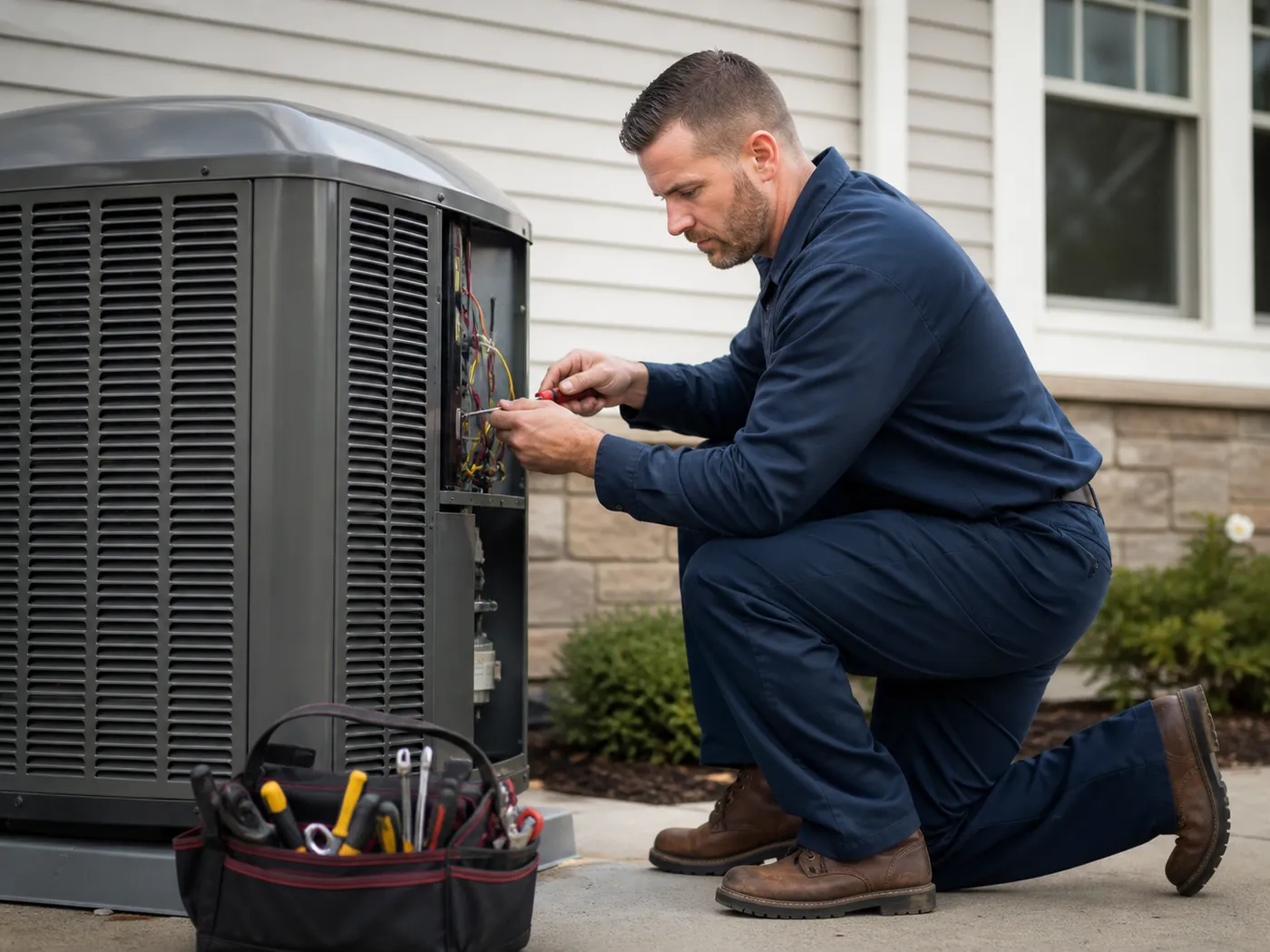 HVAC service technician inspecting an outdoor AC condenser unit
