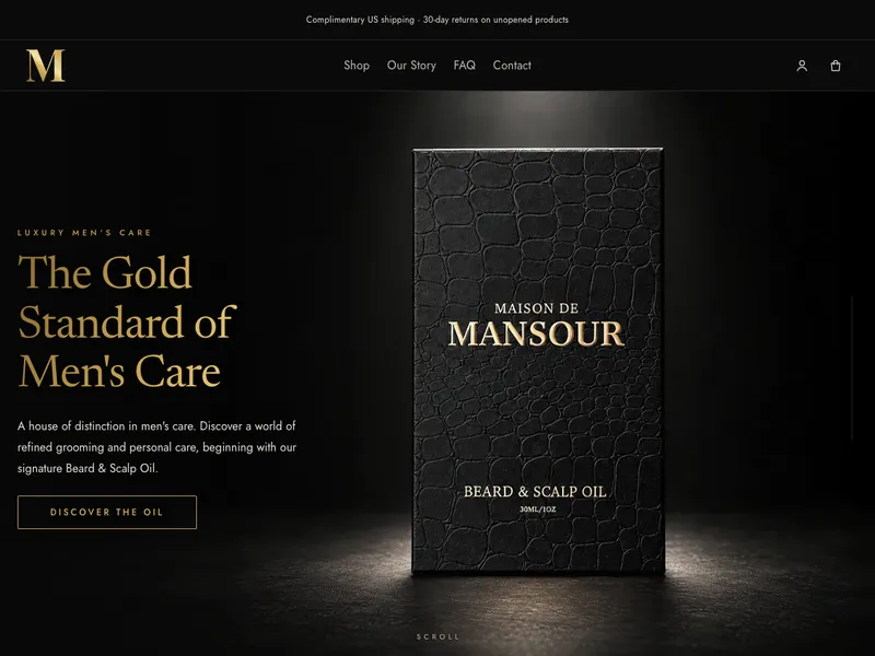 Maison de Mansour luxury men's care home page with the Beard & Scalp Oil gift box