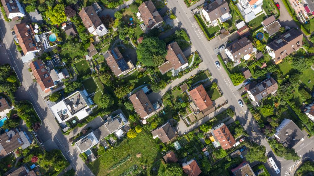 Aerial view of a residential neighborhood