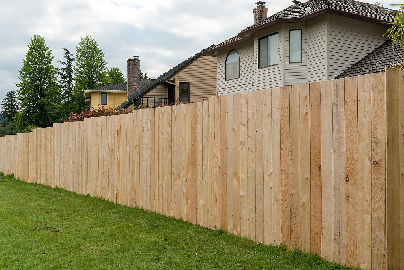 Fresh wooden fence boards installed along a residential property line