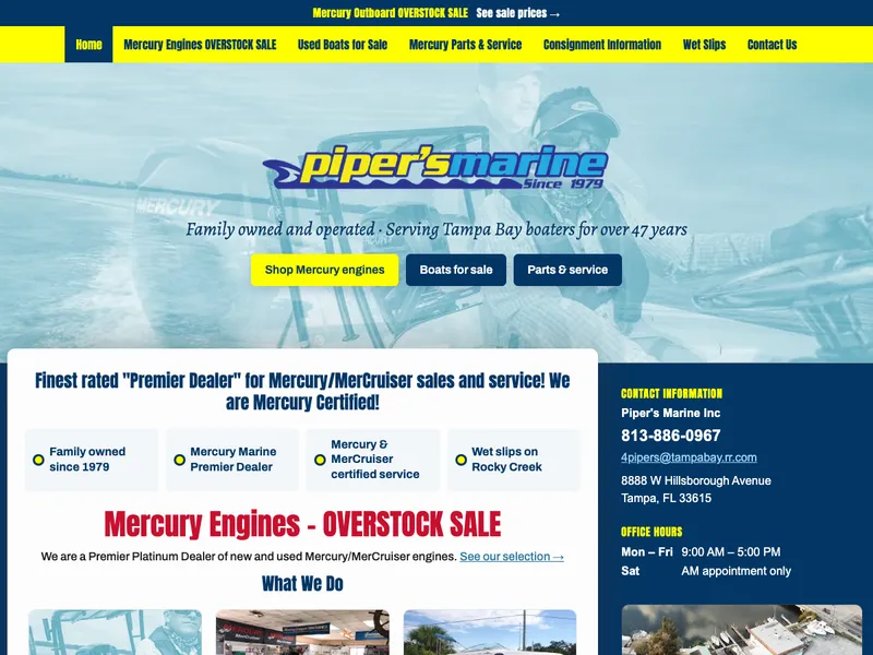 Piper's Marine Mercury outboard dealer website for Tampa Bay boaters
