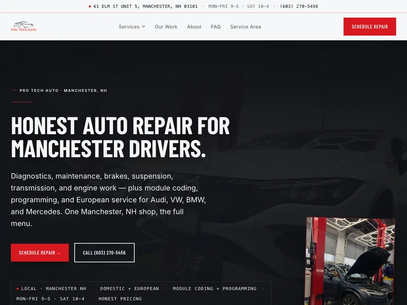 Pro Tech Auto website design for a Manchester, NH repair shop