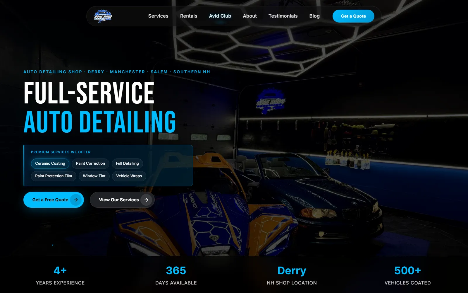 Avid Auto Detailing homepage with gloss-forward photography