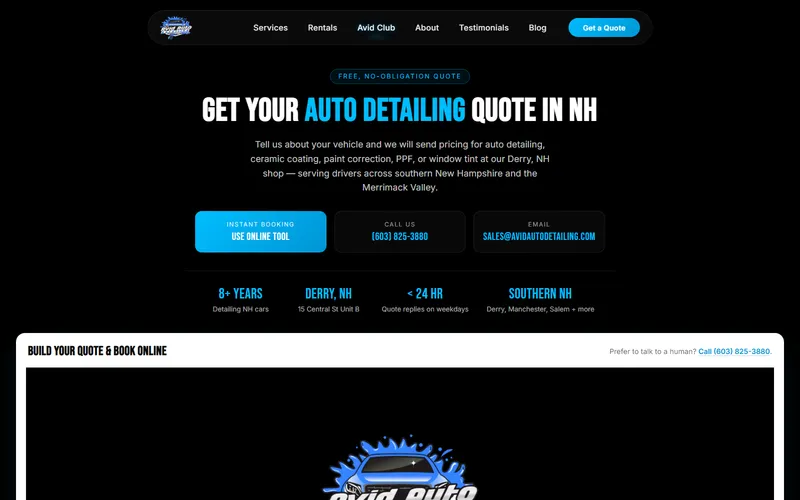 Avid Auto Detailing online quote and booking engine