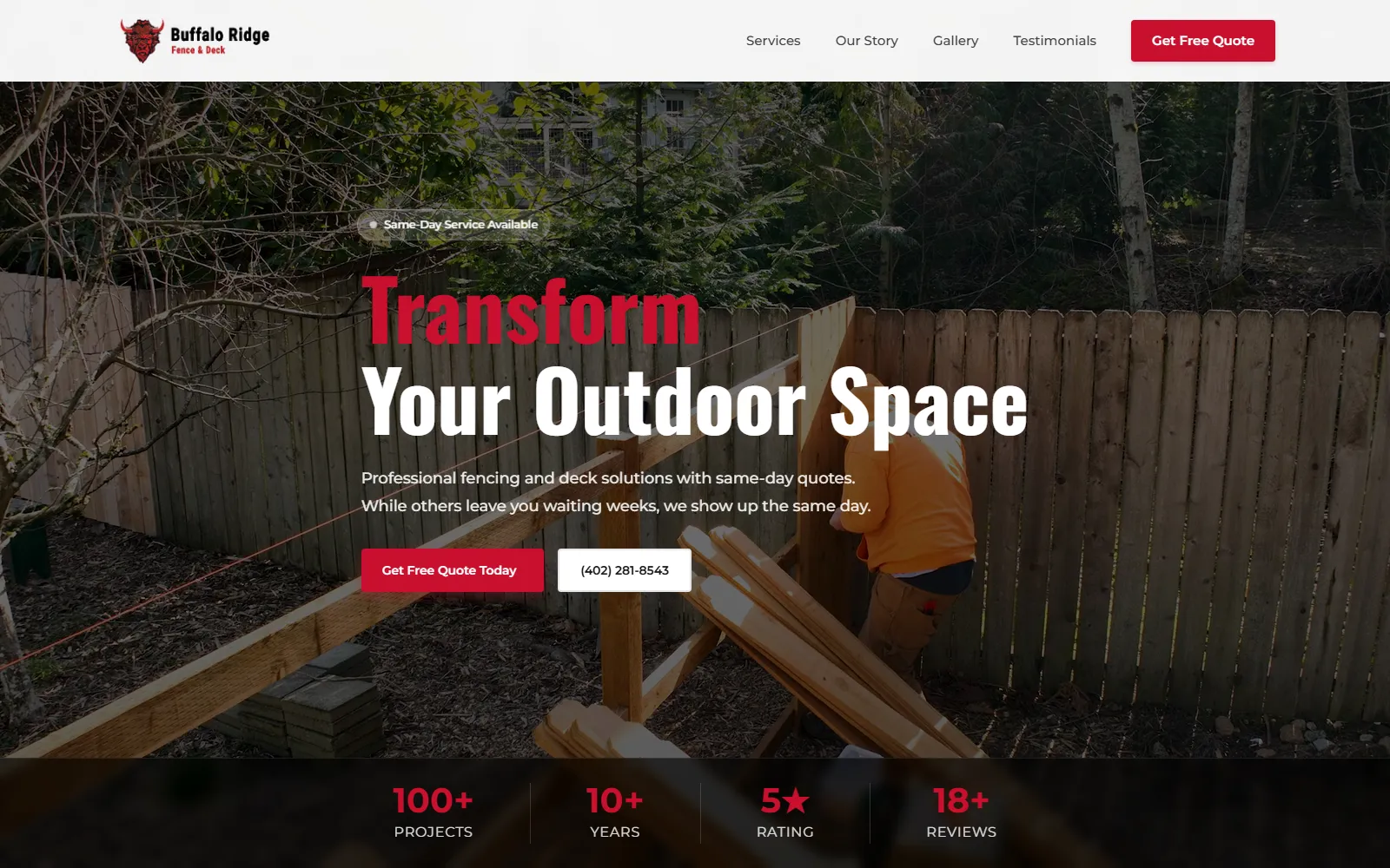 Buffalo Ridge Fence homepage — hero built on their own installed work