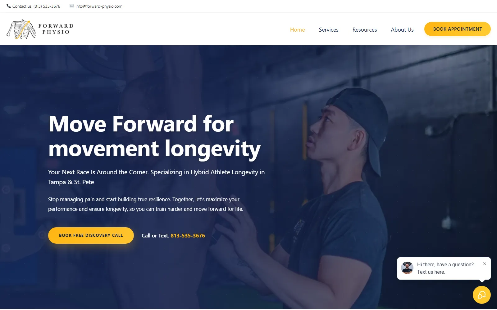 Forward Physio homepage — movement-longevity hero with book appointment and discovery-call CTAs