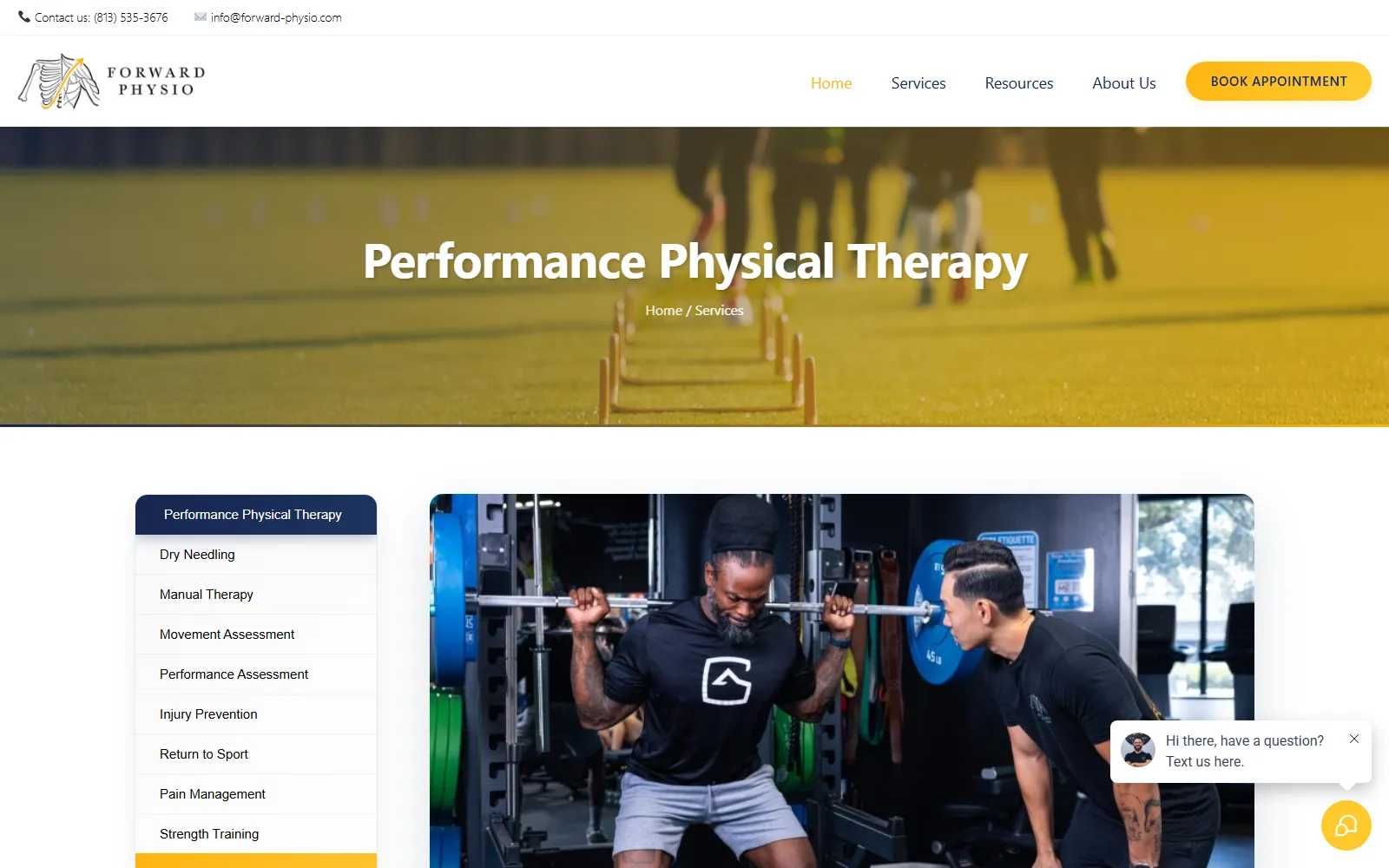 Performance physical therapy specialty page with the treatment menu running down the left rail