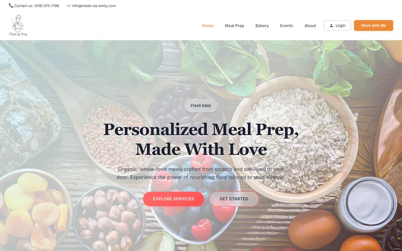 Meals by Emily homepage — personalized meal prep, made with love