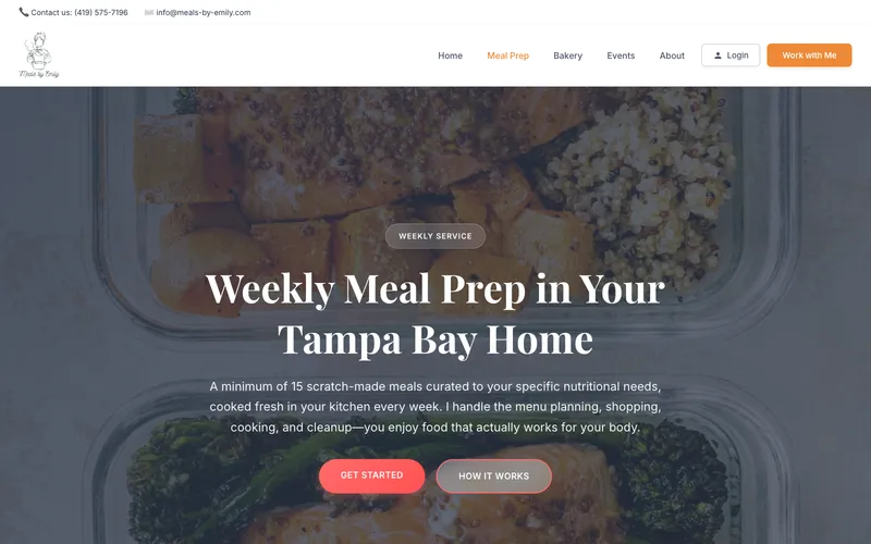 Weekly meal prep service page — 15 scratch-made meals in your Tampa Bay home