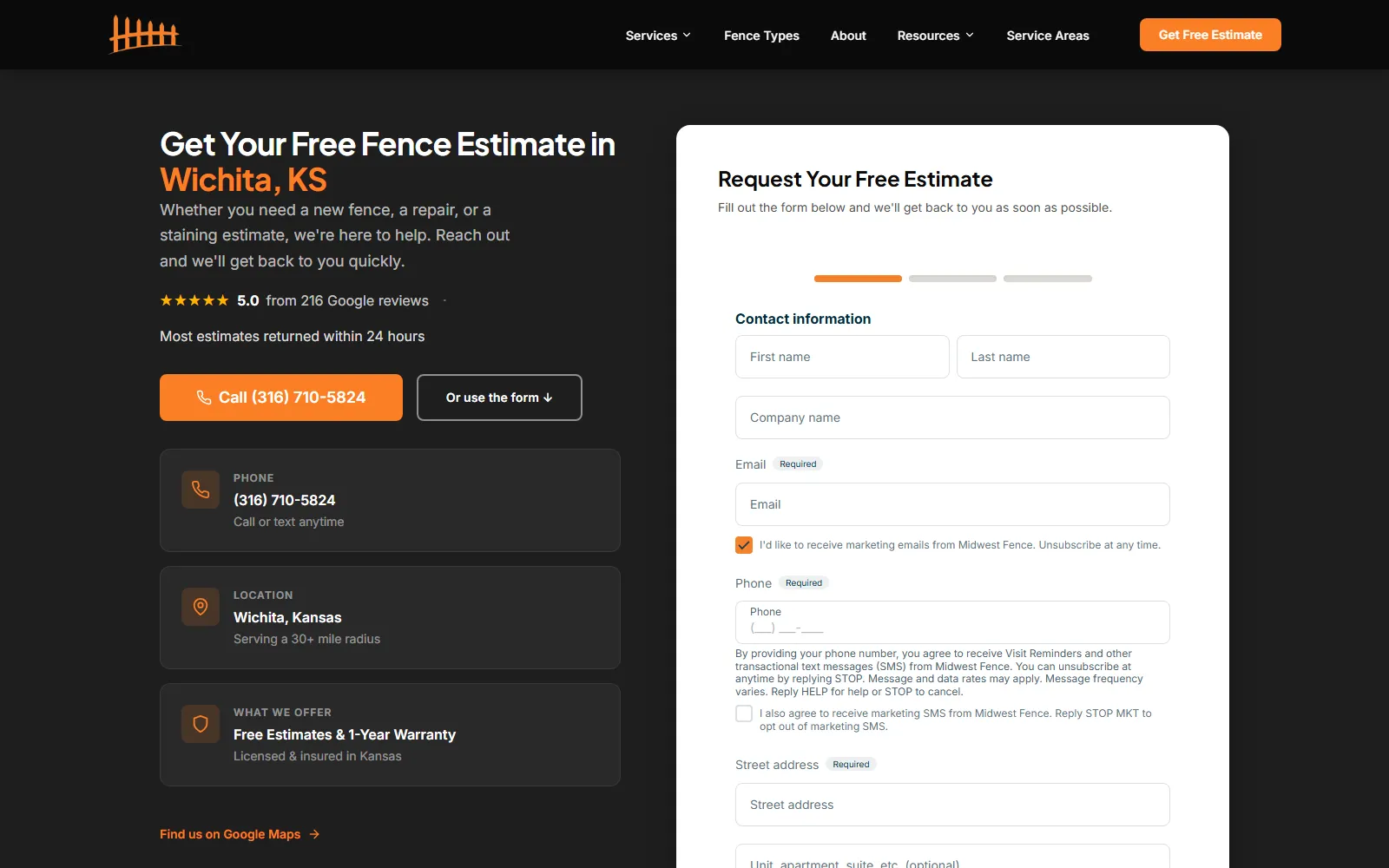 Midwest Fence ICT contact page with the quote request form