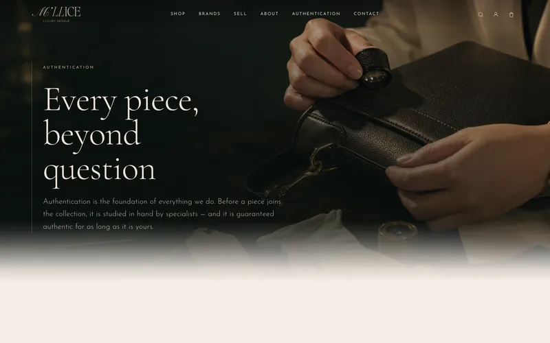 The M'llice authentication page — dark editorial brand storytelling