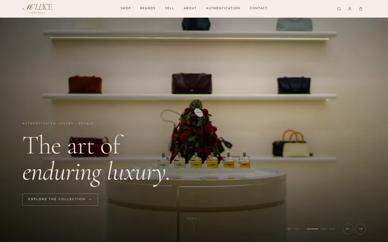 The M'llice storefront — luxury resale e-commerce for authenticated designer handbags