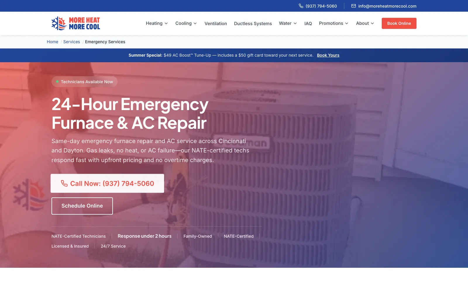 Live 24-hour emergency furnace and AC repair page for Cincinnati and Dayton — Call Now and Schedule Online buttons in the first screenful