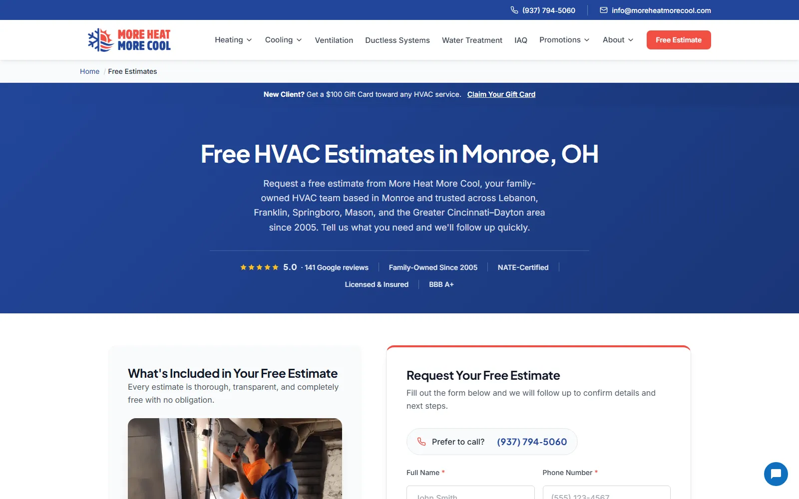 More Heat More Cool free HVAC estimate page for Monroe, Ohio — the request form sits beside the 24/7 phone number