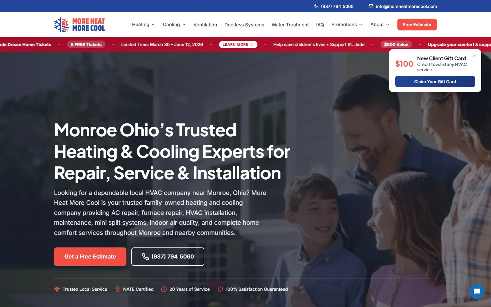 More Heat More Cool homepage with Get a Free Estimate and direct-call buttons above the fold