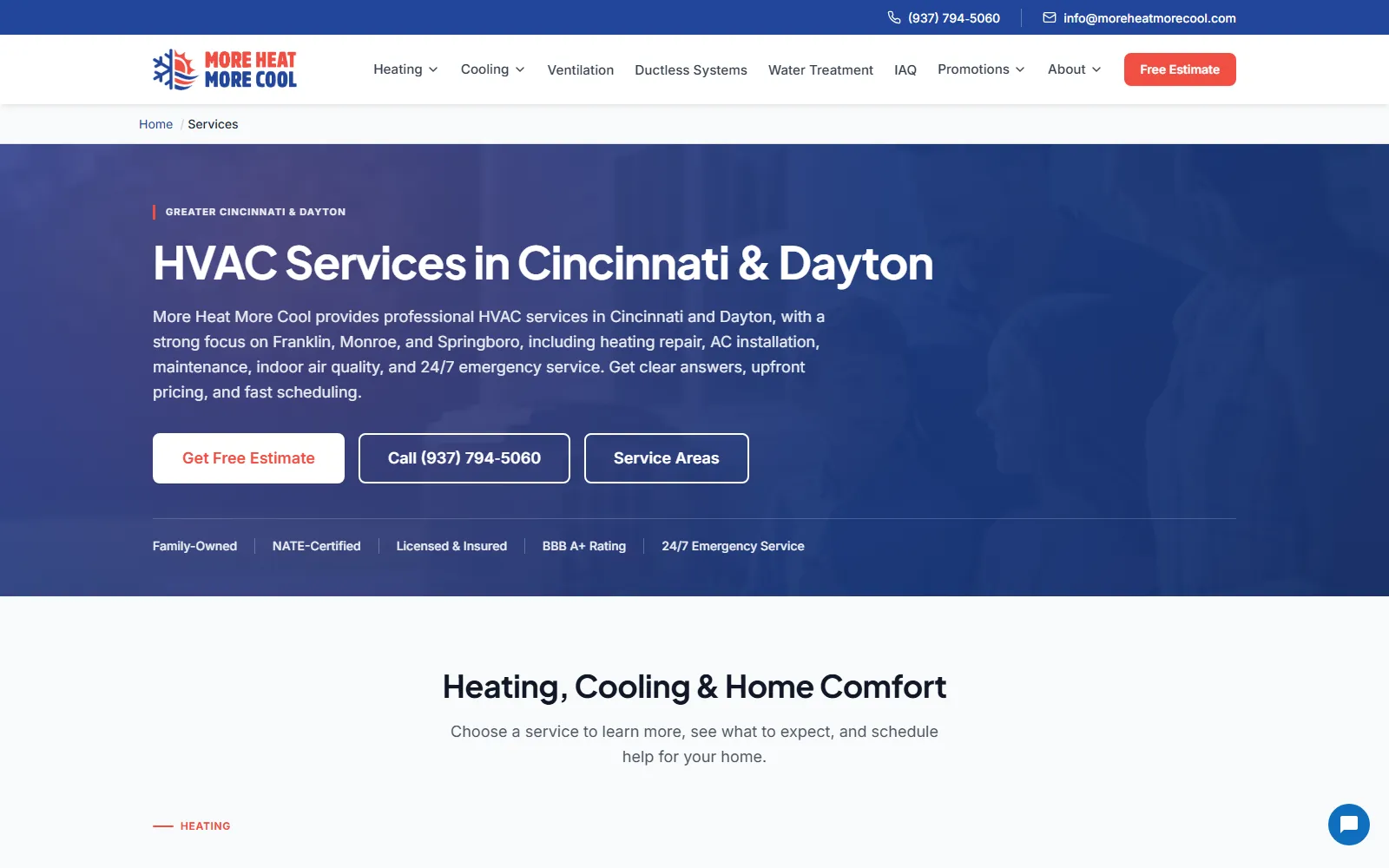 HVAC services page for Cincinnati and Dayton with call, estimate, and service-area buttons