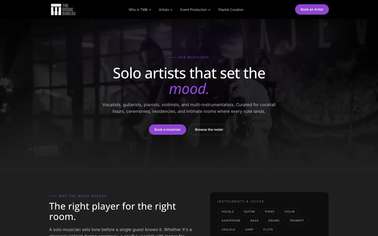 The Music Bureau’s live musicians roster page, the entry point to its performer profiles