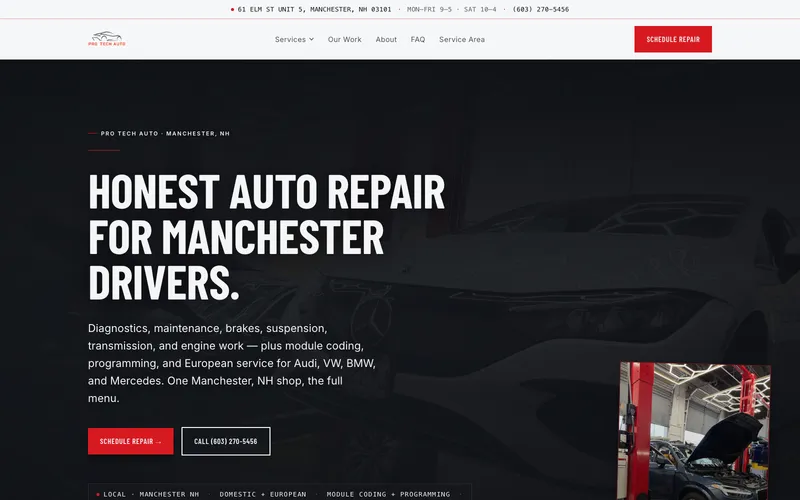 The Pro Tech Auto website homepage — Manchester, NH auto repair