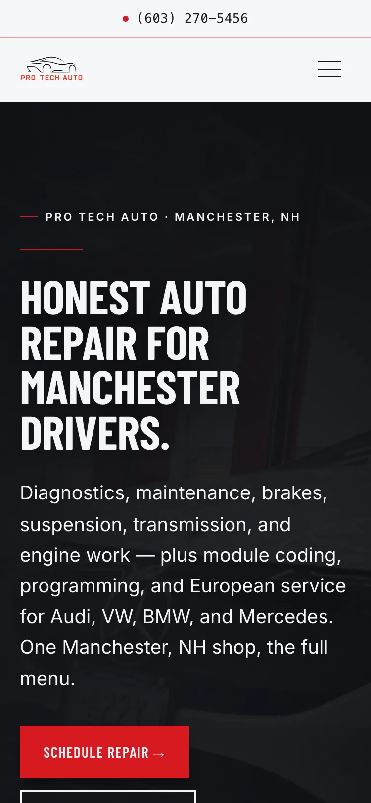 The Pro Tech Auto website on a phone