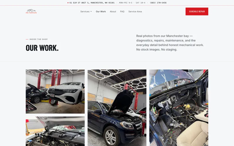 The Pro Tech Auto "Our Work" gallery — real photos from the Manchester bay