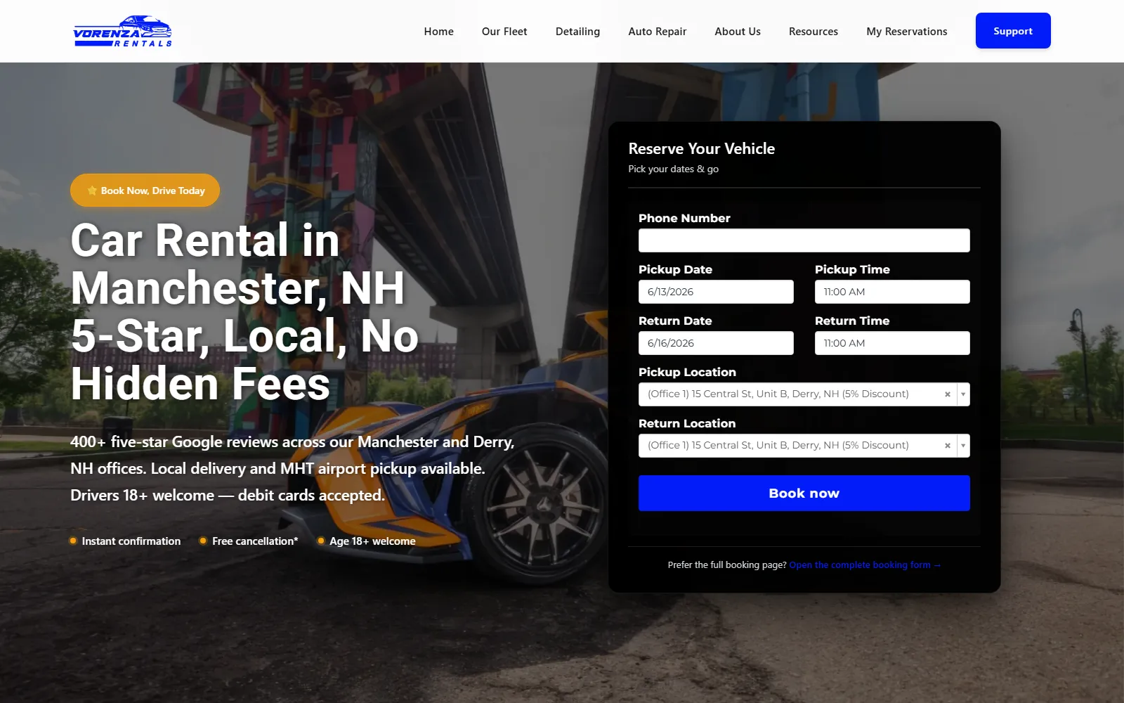 Vorenza Rentals homepage with the Reserve Your Vehicle booking form directly in the hero