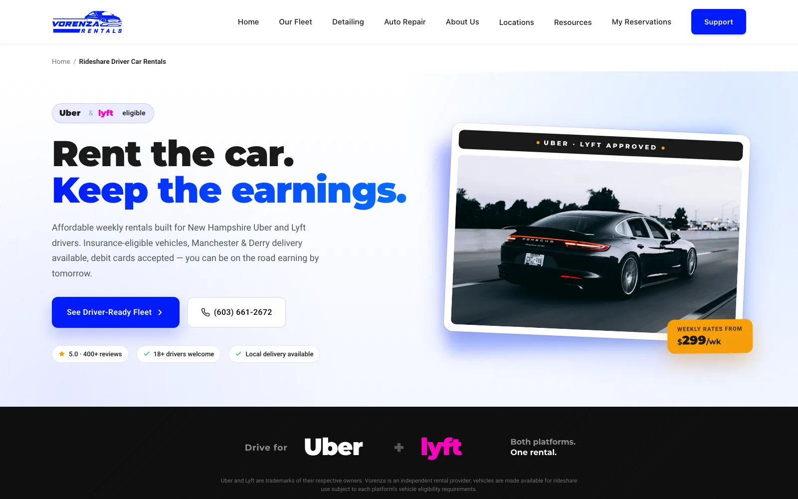 Vorenza Rentals rideshare-driver car rental page for Uber and Lyft drivers in New Hampshire