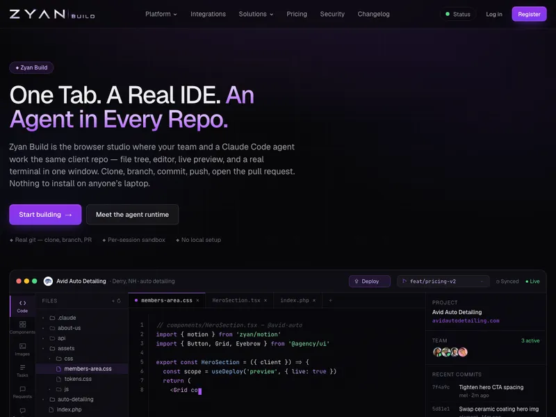 Zyan Build — the browser IDE with a Claude Code agent in every client repo